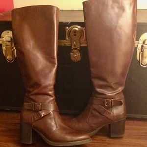 Calf-Length Genuine Leather Boots - Buckle Detail
